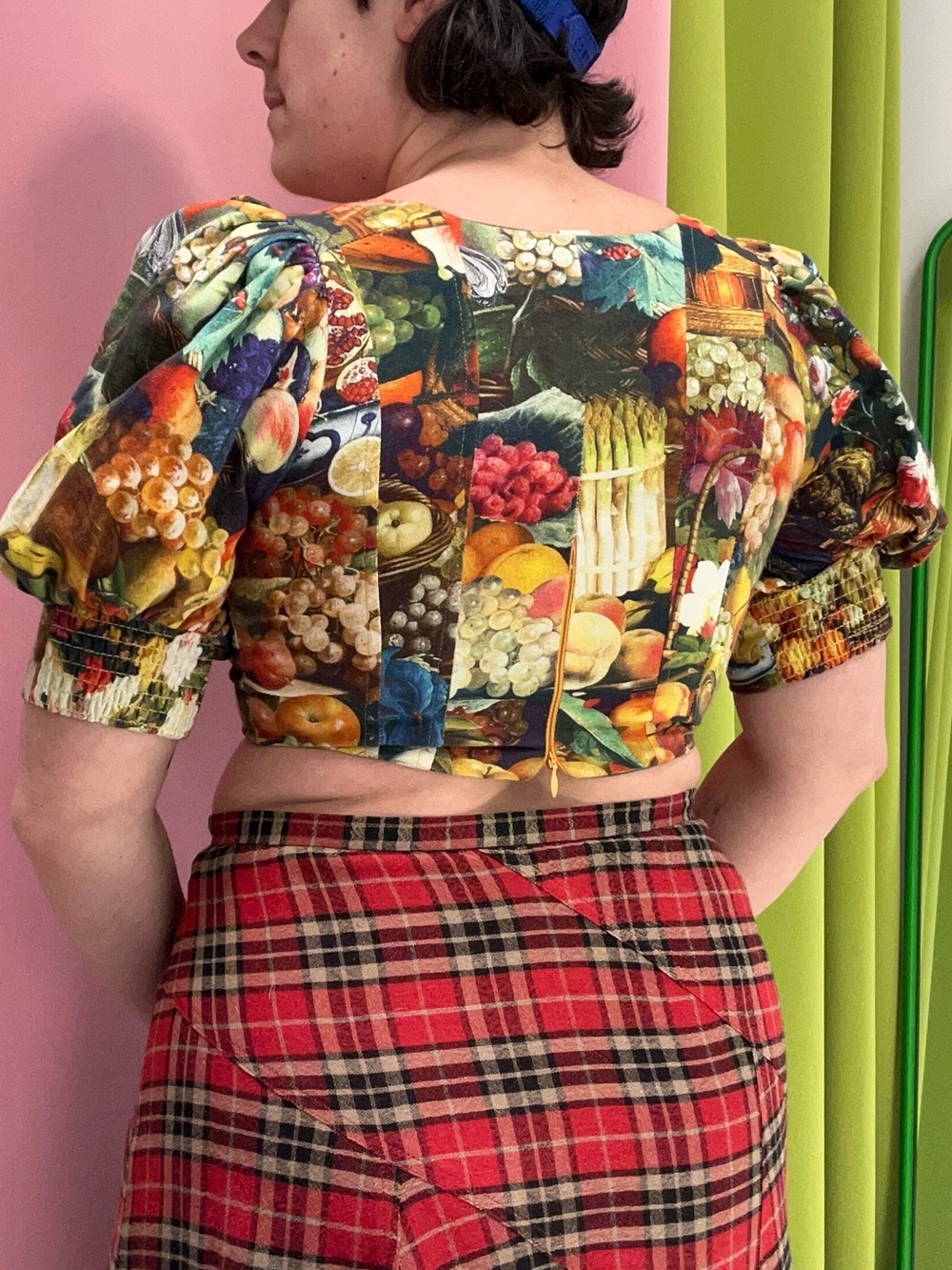 Samantha Pleet Multi-Colored Fruit Print Lace-Up Corset Crop Top Puffy Sleeves - Picture 4 of 9